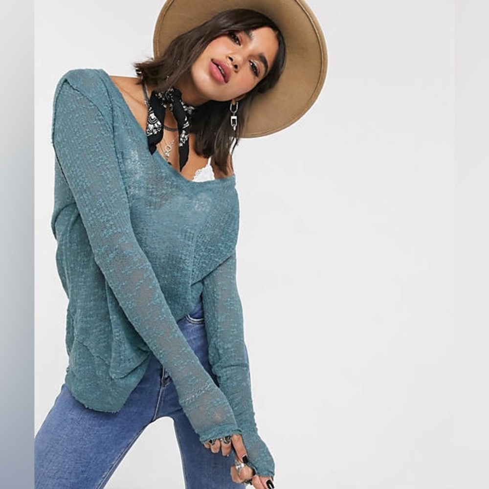 Free People Ocean Air Hacci Tunic Knit Sweater Top Seafoam Moss Small